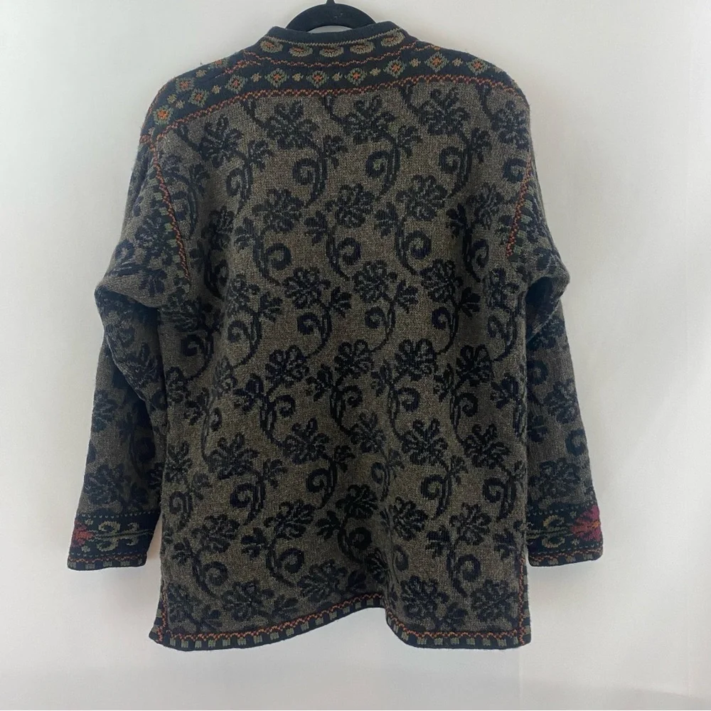 Icelandic Design Wool Cotton Lined Sweater Jacket Sz M Folklore Floral Filigree - Picture 12 of 16